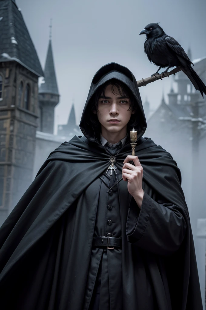 work of art, best qualityer, ultra high resolution, comely, visually stunning, chic, Incredible details, award-winning art, g0s1,hooded cloak,torn cloak, with no face, natta, Hogwarts Harry Potter, natta, fog, natta sky, 1 steam0, standing alone, sin humanos, crow, crow de estimação, grim