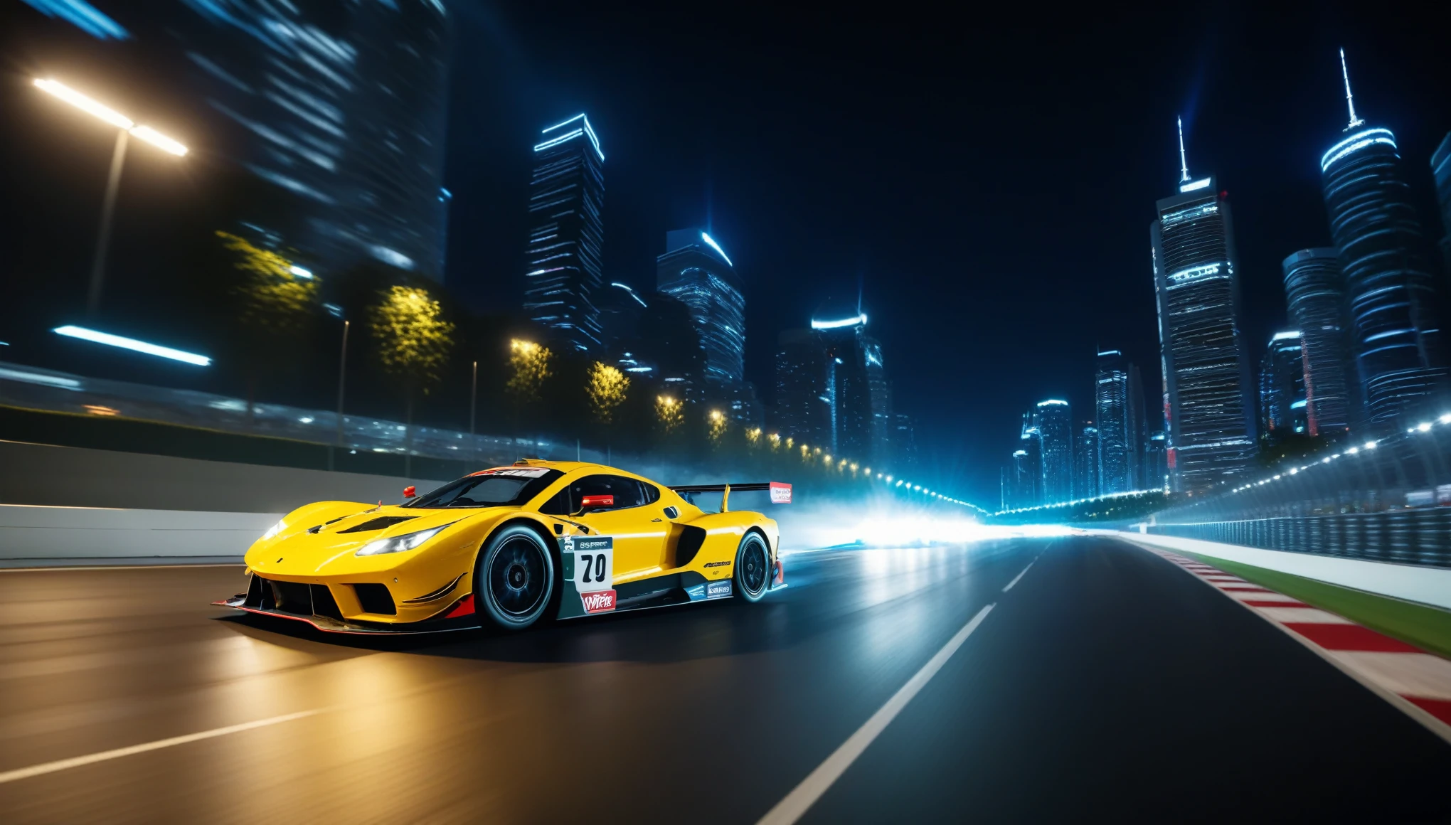 a Racing Car is racing through the streets of a night metropolis, blurred lights from high speed in the background, focusing on a Racing Car, the background is blurred due to the high speed of the Racing Car, lightning and energy discharges emanate from under the wheels of the Racing Car, indicating the great speed and power of the Racing Car, realistic, artistic photo, Racing Car in detail shown, attributes of Racing Street and road, cinematic frame, action, fast moving Racing Car
