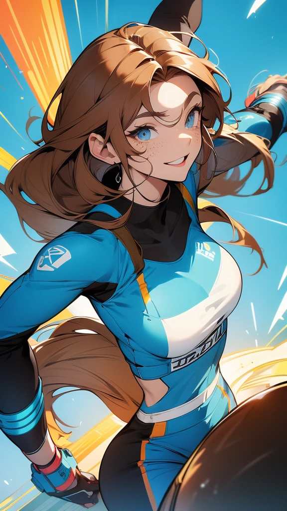 Youthful and energetic, around 30 years old, slim but muscular, long wavy chestnut brown hair, large bright blue eyes, friendly smile, freckles on the face, tight-fitting futuristic clothing, sporty and stylish outfit, warm and loving, confident and supportive, enthusiastic and motivating, playful and flirty.