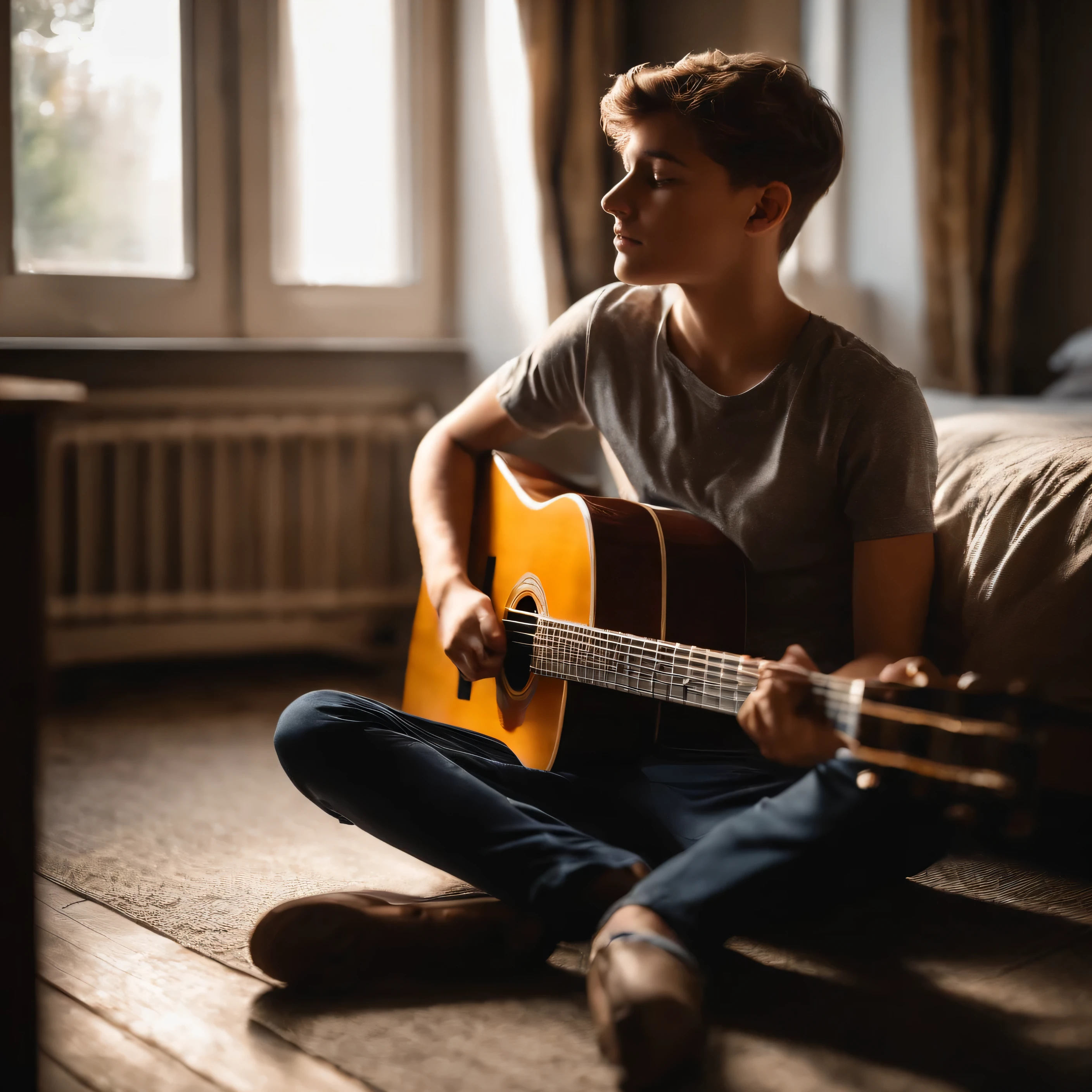 Young boy,24yo,holding guitar, looking downward, wearing t-shirt and pants,sitting on the floor,room,open windows, curtains waving by wind, autumn,
