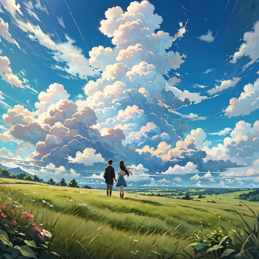 anime, anime landscape, beautiful hair, couple sweet, looking at clouds, in a grassland, creative, realist, white clouds, blue sky, landscape amazing, guy looking away from camera, wide photo