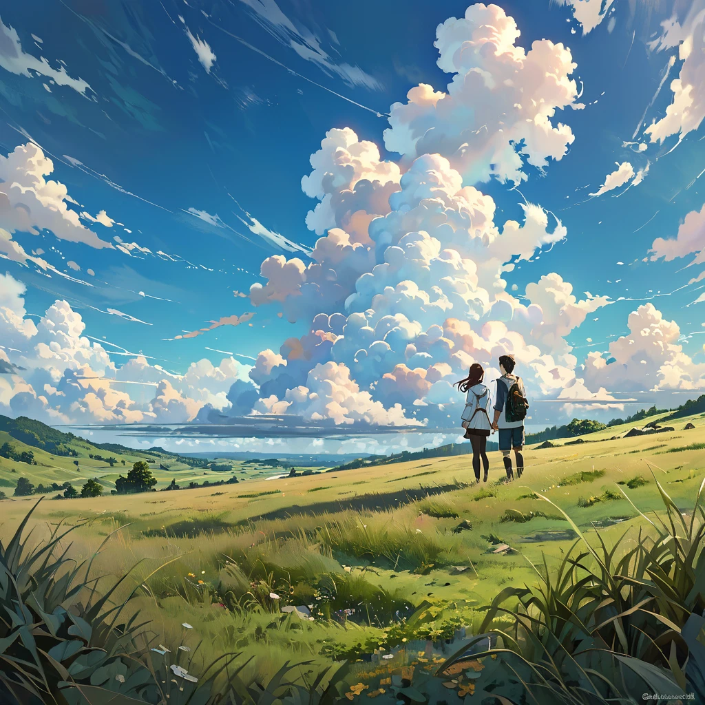 anime, anime landscape, beautiful hair, couple sweet, looking at clouds, in a grassland, creative, realist, white clouds, blue sky, landscape amazing, guy looking away from camera, wide photo