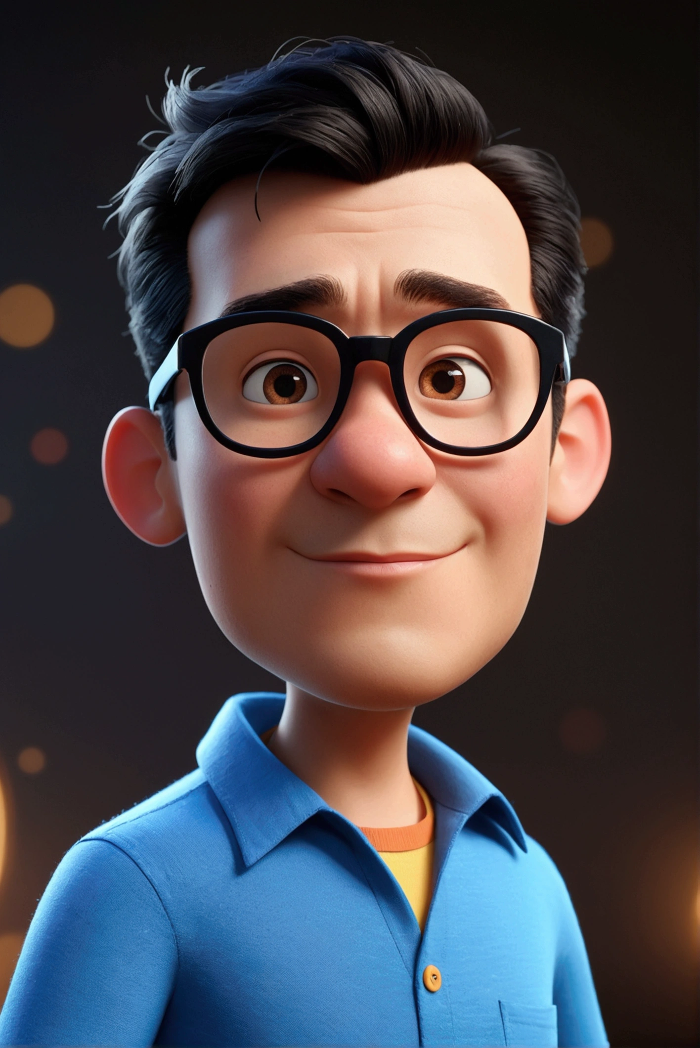 Cartoon character of a man in black glasses and blue shirt, an animated character, stylized character, animation style rendering, 3d stylized, Arnold Maya rendering, Stylized 3D rendering, toon render screenshot, 3d character, 3d character, Stylized 3D rendering, 3D character rendering, cartoon character, Personagem de close up, character posing, (Pixar-style) (master part:1.2) (bokeh) (best qualityer) (skin detailed) (detailed texture) (8k) (Argilla) (cinematic lighting) (sharp focus,Sit down and lift your upper body