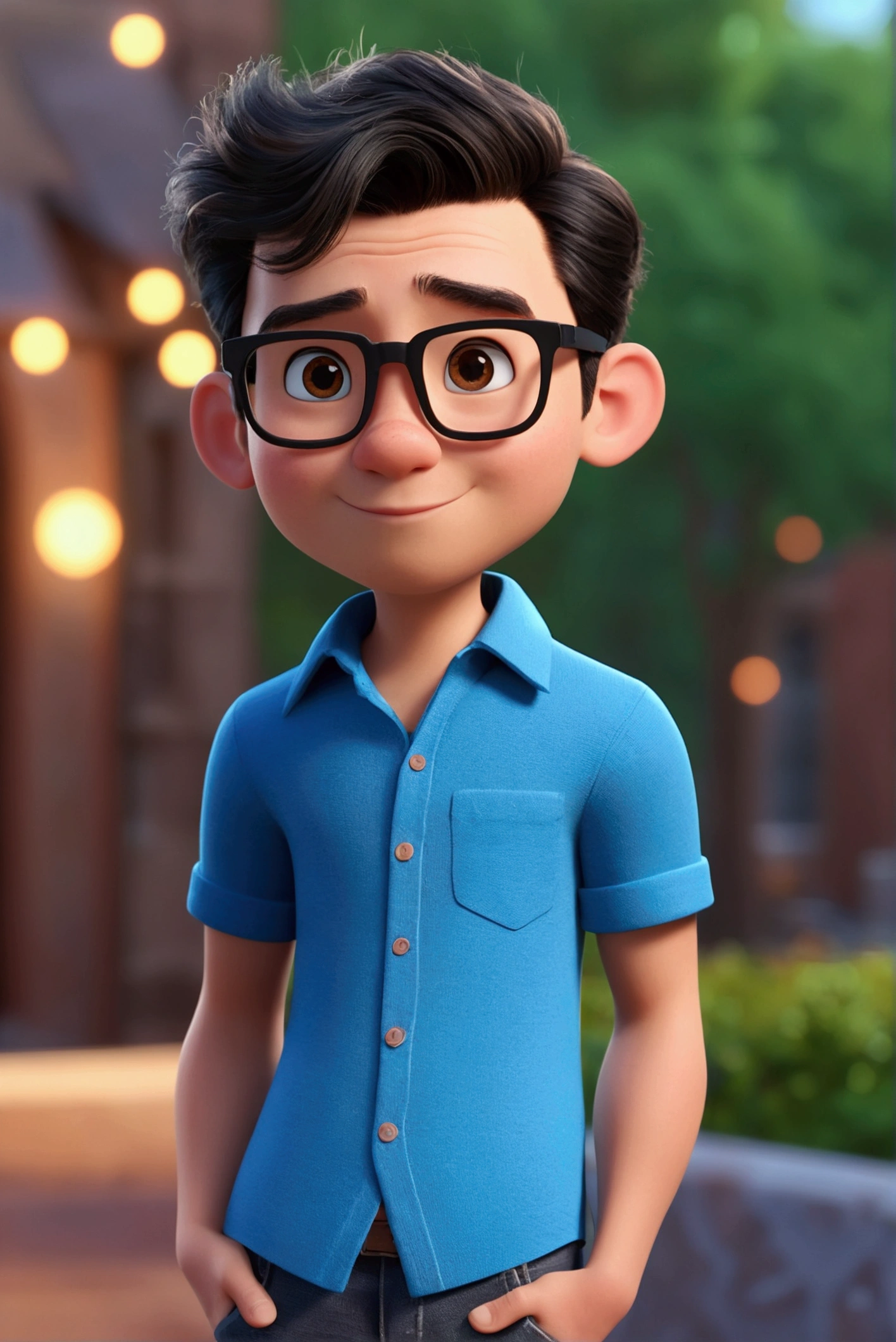 Cartoon character of a man in black glasses and blue shirt, an animated character, stylized character, animation style rendering, 3d stylized, Arnold Maya rendering, Stylized 3D rendering, toon render screenshot, 3d character, 3d character, Stylized 3D rendering, 3D character rendering, cartoon character, Personagem de close up, character posing, (Pixar-style) (master part:1.2) (bokeh) (best qualityer) (skin detailed) (detailed texture) (8k) (Argilla) (cinematic lighting) (sharp focus，Sit down and lift your upper body