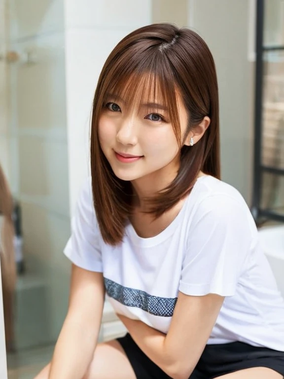 A thin Japanese woman in her 20s, Detailed face, Round face, Cute Face, Narrow eyes, Neat, Ladies Room, White Room, White T-shirt, Short pants, full body, 