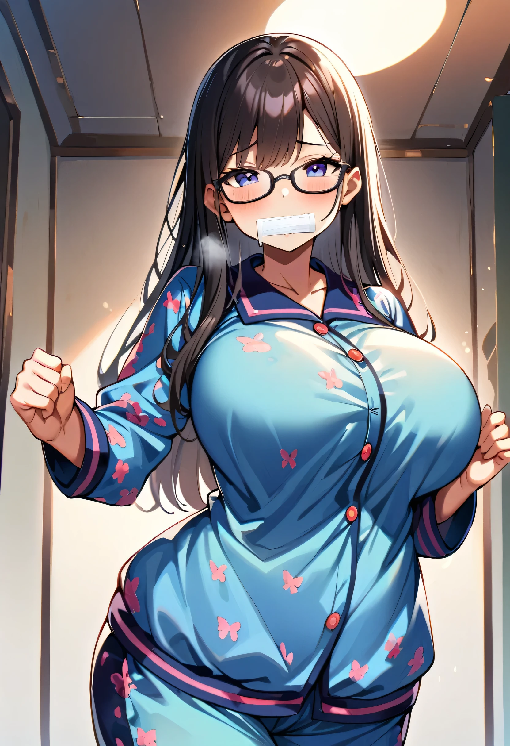 -yeld giwith a pure face, big breasts, super big breasts, obesity, fair skin, erotic pajamas, transparent gauze, lace lace, glasses, milk running from the corners of her mouth