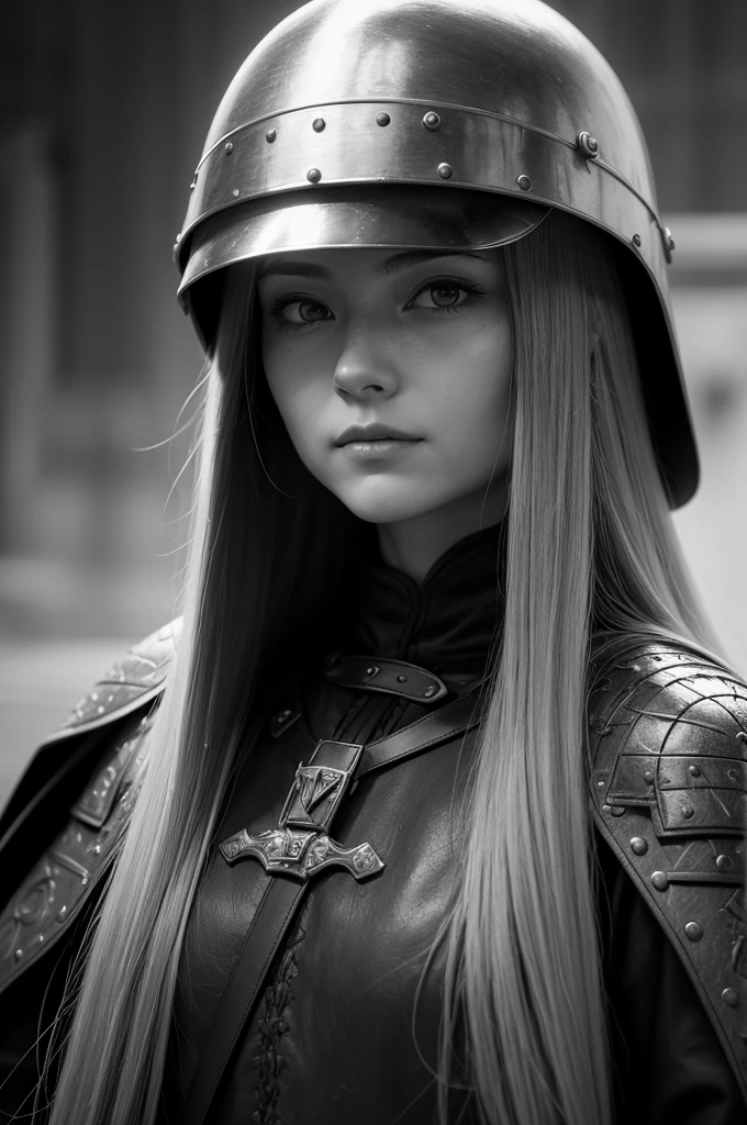 The young woman with long straight hair, with few waves, is wearing a medieval helmet helmet, that partially covers your face. She has a determined expression and looks ahead with confidence. Ambient light highlights the details of the helmet, creating an interesting contrast with the rest of the black and white scene. She looks ready to go on an epic journey or face a dangerous challenge.