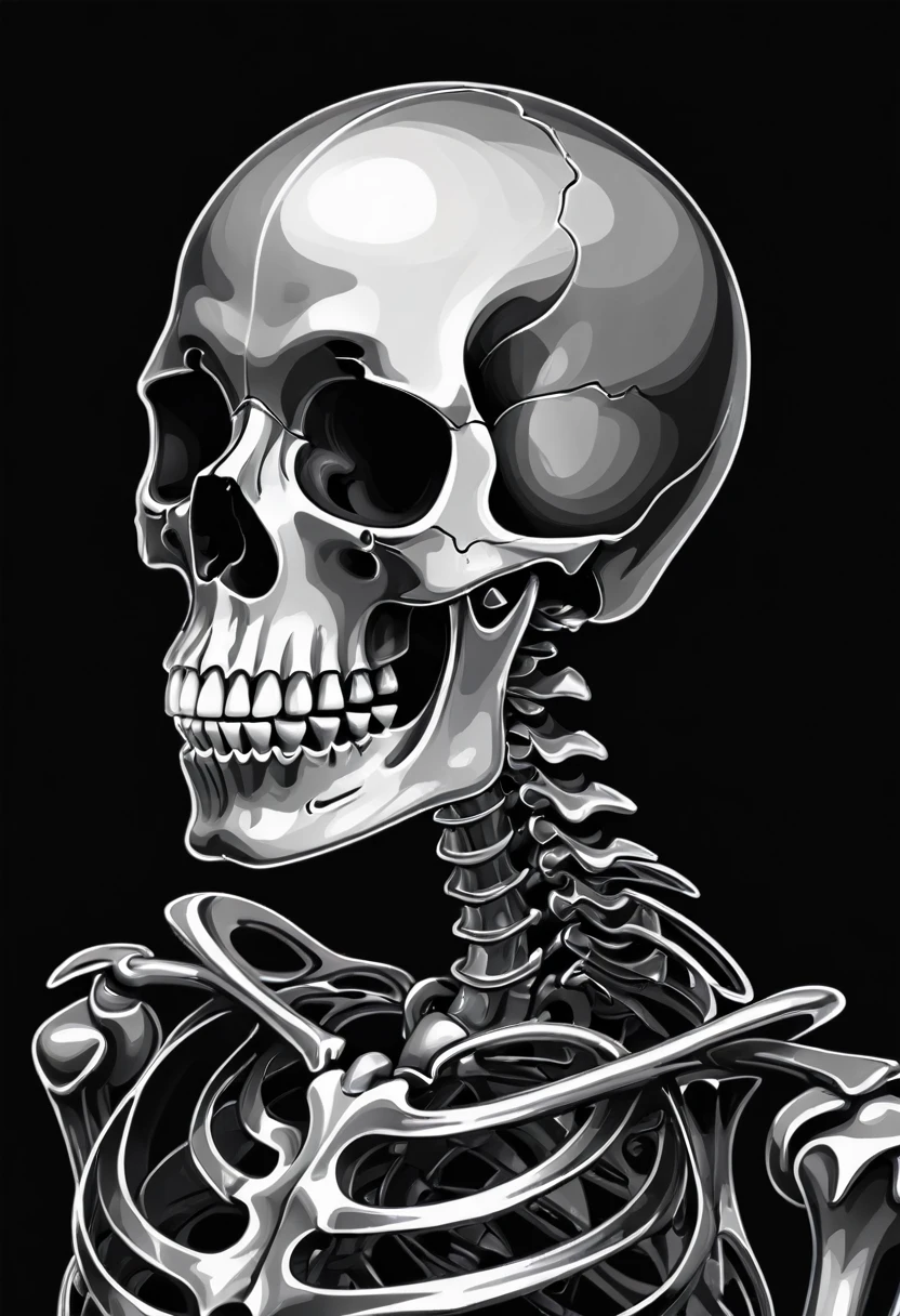 Silver skeleton on black background, sharp edges, ​masterpiece, drawn with pencil, Vector image