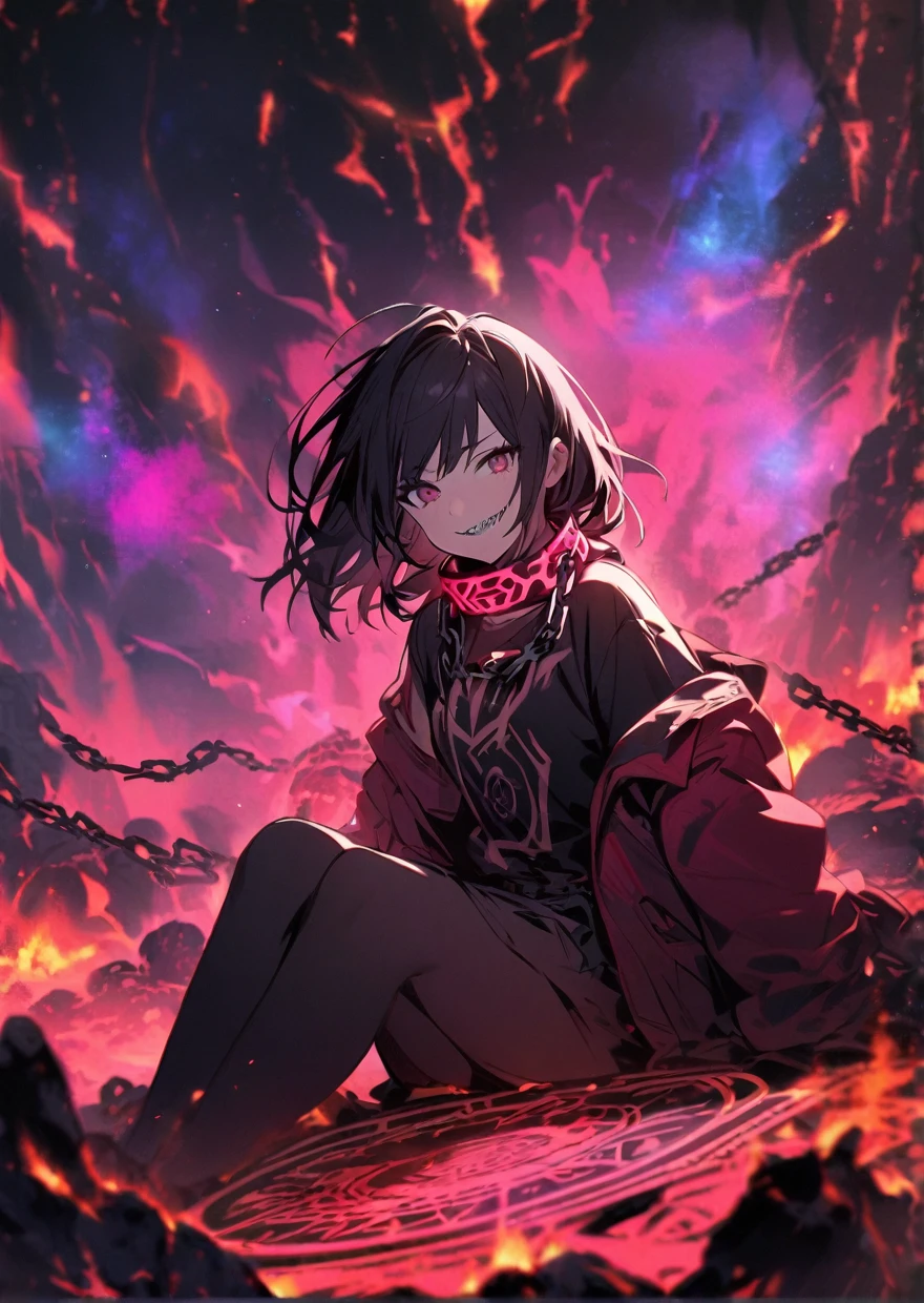 One girl, Chains around neck and wrists, hell, Floating lava, Nebula-colored gas floating, , Saw teeth, Sharp teeth, Dark pink black hair, smile, He is sitting on a magic circle with strange cuneiform characters on it., Devil&#39;s Dress, High resolution, Super detailed, 8k,latex,thighhigh boots,