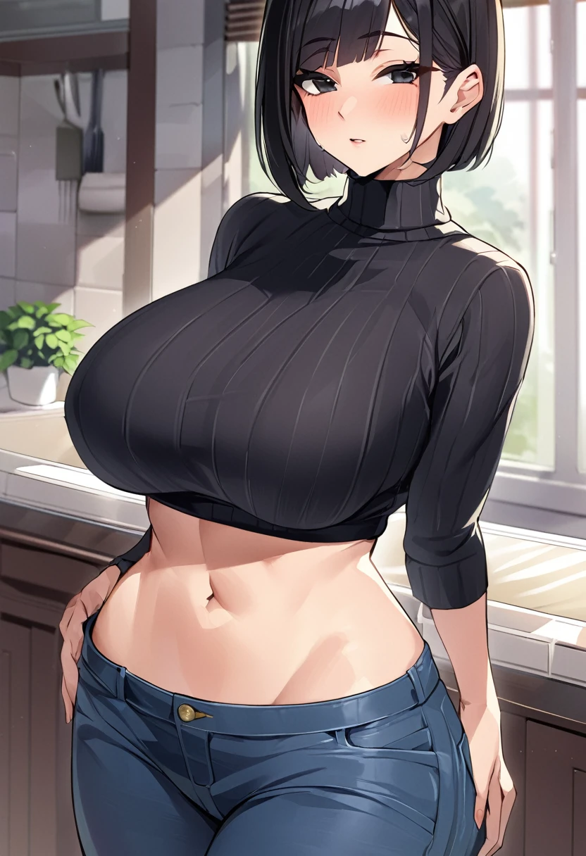 high quality,best quality,masterpiece,(((house wife))),28years old,young face,milf,black short bob hair, bangs,perfectly detailed black eyes,large breasts,large ass,curvy,wearing black sweater tops,denim long pants,more young face