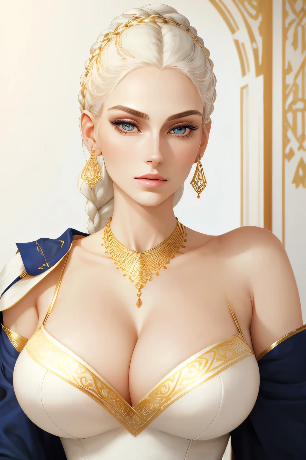 Amazing portrait of a tall and sexy woman with a square face and chiseled jawline with a calm and gentle look with her white hair beautifully tied in elegant braids and pale white skin that matches with her hair and bright blue eyes and perfect pink lips wearing some gold earrings necklace and bracelets and a long navy blue deep neck dress with minimal white embroidery that showcases her cleavage and gaps on the sides that emphasise her curvy hips with symmetric ethereal golden etchings on her body