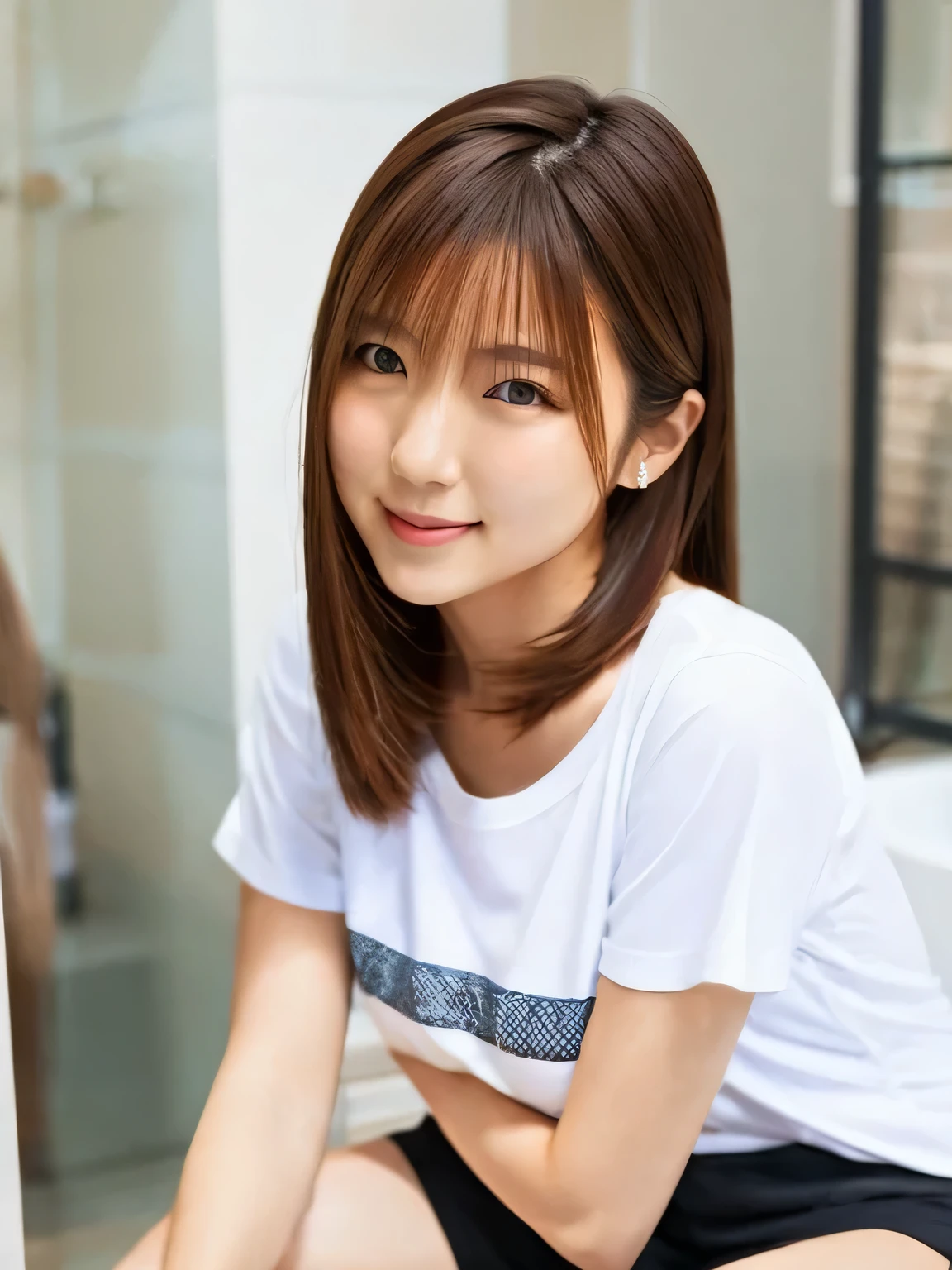 A thin Japanese woman in her 20s, Detailed face, Round face, Cute Face, Narrow eyes, Neat, Ladies Room, White Room, White T-shirt, Short pants, full body, 