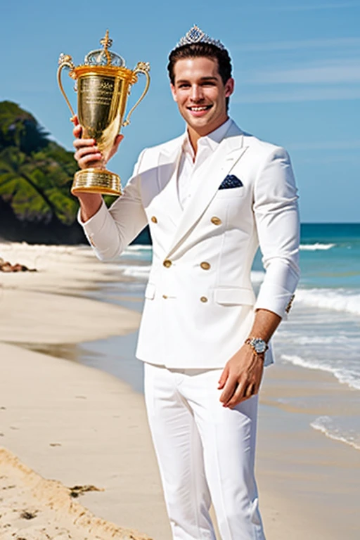 White man mister world winning crown and trophy on the beach