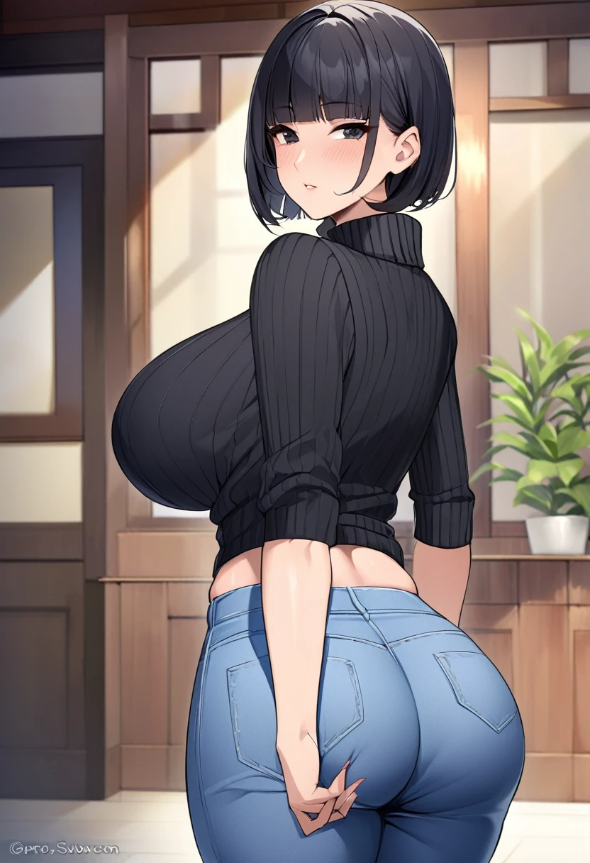 high quality,best quality,masterpiece,(((house wife))),28years old,young face,milf,black short bob hair, bangs,perfectly detailed black eyes,large breasts,large ass,curvy,wearing black sweater tops,denim long pants,more young face,show off panty