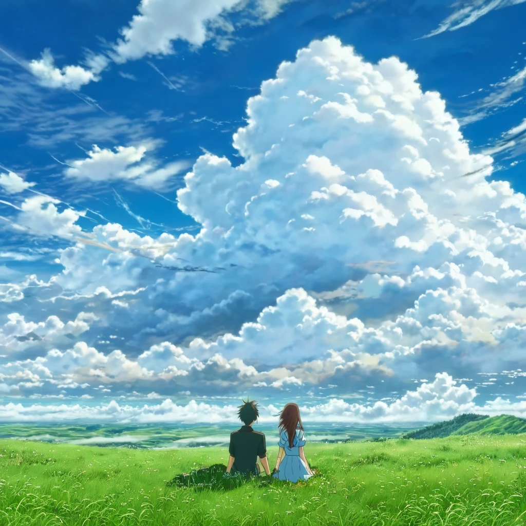 anime, anime landscape, beautiful hair, couple sweet, looking at clouds, in a grassland, creative, realist, white clouds, big blue sky, landscape amazing, guy looking away from camera, wide photo