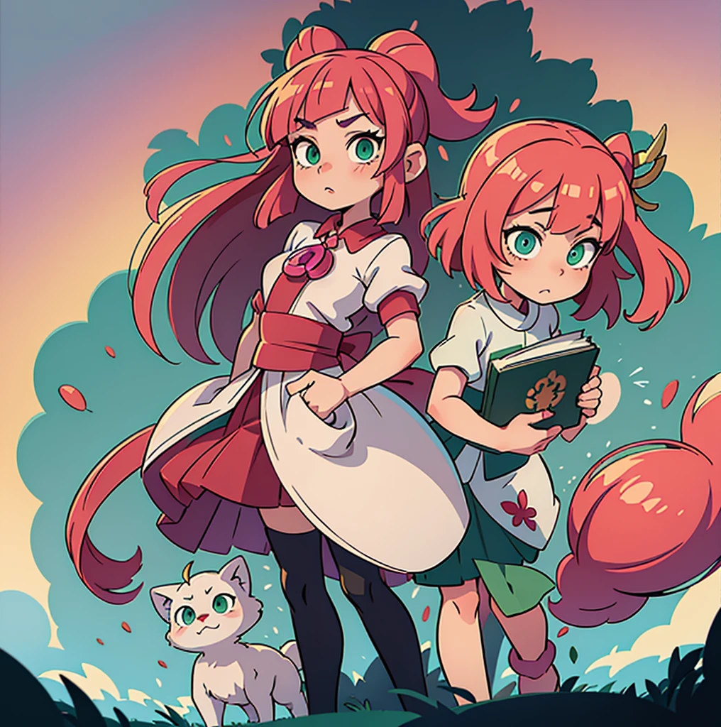 ((high quality, masterpiece)) Young woman, pink detailed hair hair, detailed emerald green eyes, wolf ears and fluffy tail, holding a book in his hands, genshin style clothing, piro eye poga on clothes, beautiful background, difficult angle, 3K, ultra detailedization, красивая anime илюстрация, full length, anime, mega detailization, illustration, 1 Young woman. flowers, long hair, full length, a high resolution, strong hair dilation