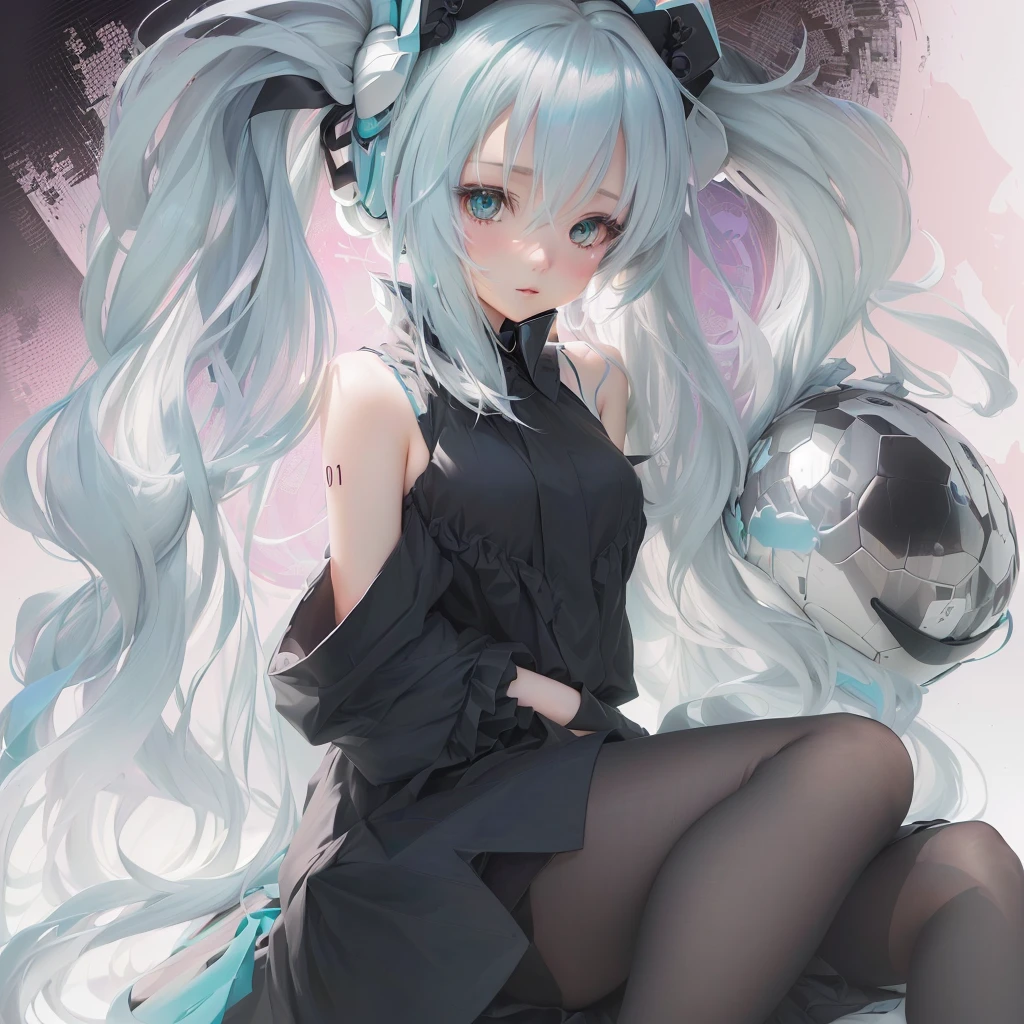 Long white hair anime girl sitting on bed with soccer ball, digital art on Pixiv, Pixiv contest winner, Pixiv, Zerochan Art, hatsune Miku portrait, top rated on Pixiv, Pixiv style, Miku, Anime girl in a black dress, trending on artstation Pixiv, by Shimo, portrait of hatsune Miku