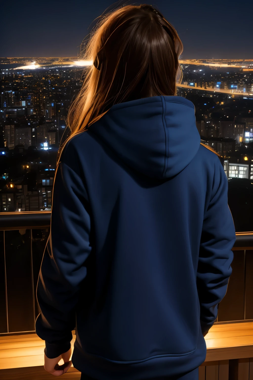 Starry Sky、Night view、City、air blowing in the wind、Wearing a hoodie、back、Full body portrait、Overlooking the city from top a hill, winter, condensing breath.

