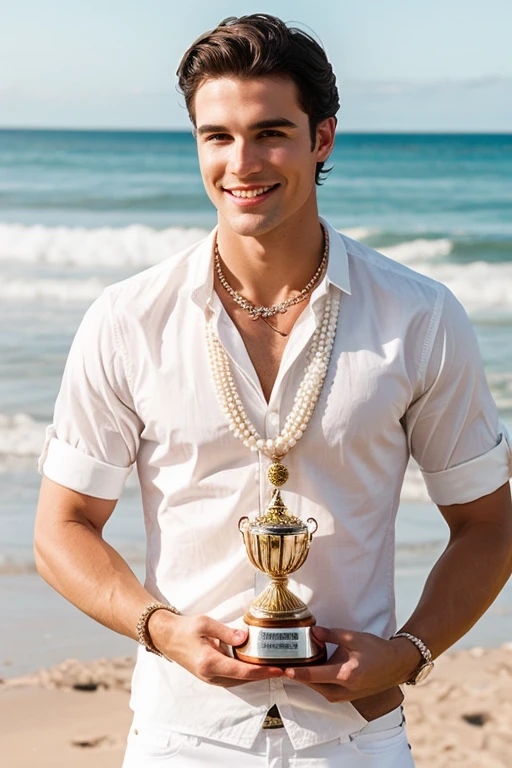 White man mister world winning crown and trophy on beach rose necklace