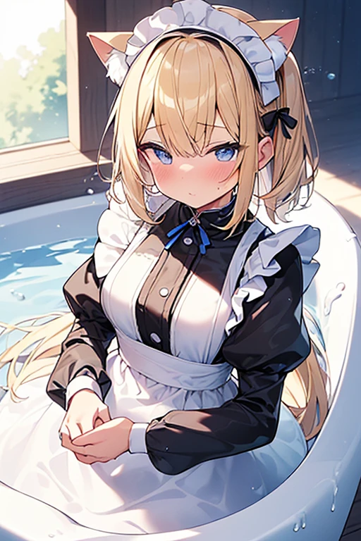 (Ultra high quality:1.6), (Highest quality:1.6), (Attention to detail:1.6), (Ultra-high resolution:1.6), (Detailed face:1.6), (Perfect Face:1,6), (Beautiful Eyes:1,6), (Detailed eyes:1.6), (Maid clothes, White apron, Headband, Black Dress, Blue ribbon, Maid clothes, Classic, Small breasts, Long:1.4), (白と黒のMaid clothes:1.6), (Blonde, Blue Eyes, Cat ear:1.5), cute, The best smile, Soaking wet, (Water droplets all over the body:1.4), (全身が白いBubbleまみれ:1.6), (Swimming in clothes, bathing, Longの浴槽:1.6), (relax, Relax in the bathtub:1.6), (Bubbleで溢れる浴槽:1.6), (Maid clothesのまま浴槽へ:1.5), 全身にBubble, (衣服にも白いBubble:1,5), (Soak in deep water:1.6), (Bubbleの深いお湯:1.6), (Wash your body with your clothes on:1,4), Bubbleを纏う, (shampoo, Body Soap, sponge:1.3), Bubble, 肩までBubble, 