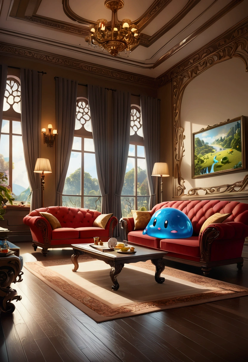 (cute Slime), cartoon style, fantasy art, living room, full body, award-winning, cinematic still, emotional, vignette, dynamic, vivid, (masterpiece, best quality, photorealistic, Professional, perfect composition, very aesthetic, absurdres, ultra-detailed, intricate details:1.3)