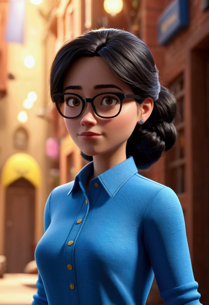 Cartoon character of a woman in black glasses and blue shirt, animation character, stylized character, animation style rendering, 3d stylized, Arnold Maya rendering, Stylized 3D rendering, toon render screenshot, 3d character, 3d character, Stylized 3D rendering, 3D character rendering, cartoon character, Personagem de close up, character posing,  (Pixar-style) (master part:1.2) (bokeh) (best qualityer) (skin detailed) (detailed texture) (8k) (Argilla) (cinematic lighting) (sharp focus