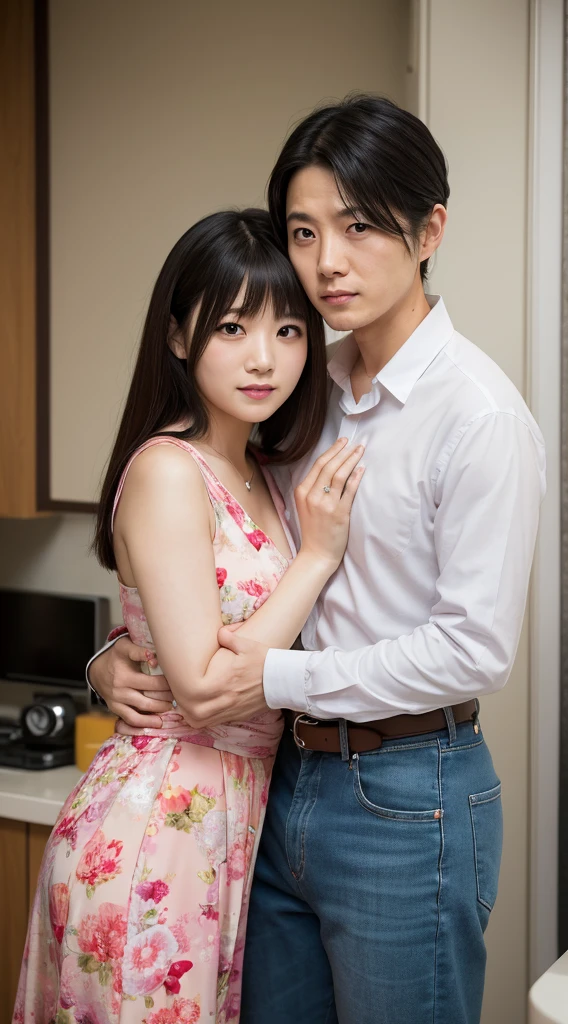 (Realistic, photo-Realistic), (masterpiece, Highest quality), RAW Photos, High resolution, Intricate details, Very detailed, Cinema Lighting, (Heterosexual, Couple,  Sister and Brother:1.8), break, One person, Japanese women,  (Small breasts, Flat Chest, Small bust size:1.8), skinny, thin, Black Hair, bangs, ponytail, hair ornaments, Hair Scrunchie, (Makes your face smaller:1.2), Detailed face, Beautiful attention to detail, Refined nose, Pale skin, Fine skin, Sweaty, Glowing Skin, Earrings, ネックレスbreak, (One person, naked8歳の背の低い:1.5), break, (Couple hugging each other:1.8), Photo Background, indoor, Home, ,((全身全naked)),(((nsfw))),((全身全naked)),(((nsfw))),((naked)) ,(((nsfw)))