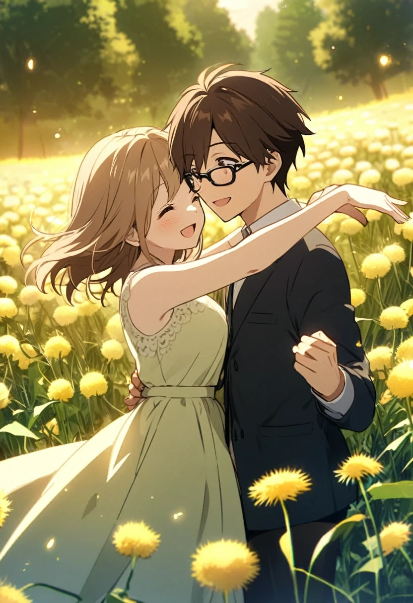 anime, two people, one beautiful female with long brown hair and no glasses, the other person is a male with short dark brown hair and black rimmed glasses, they are boyfriend and girlfriend, both smiling, dancing in a field of dandelions