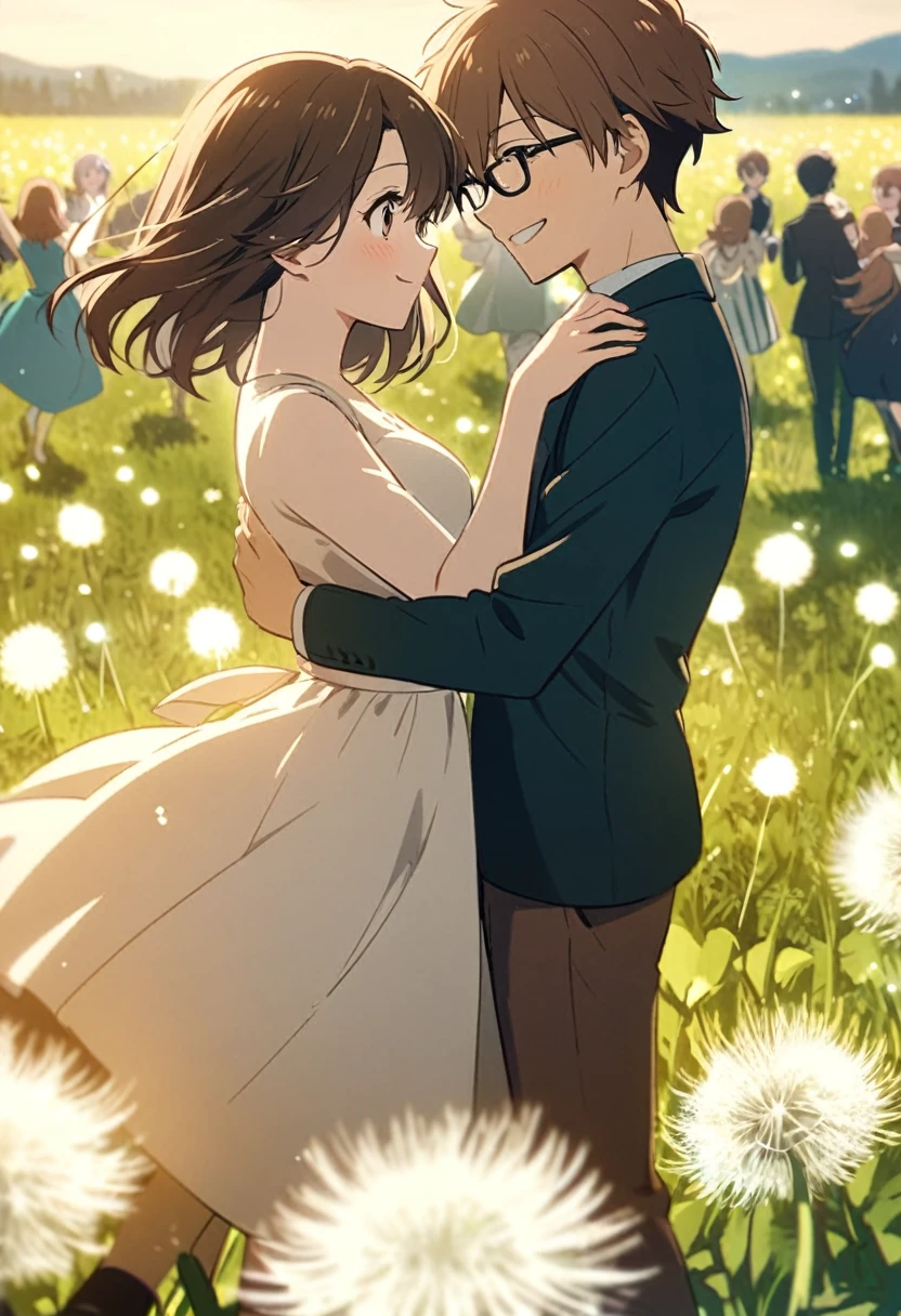 anime, two people, one beautiful female with long brown hair and no glasses, the other person is a male with short dark brown hair and black rimmed glasses, they are boyfriend and girlfriend, both smiling, dancing in a field of dandelions
