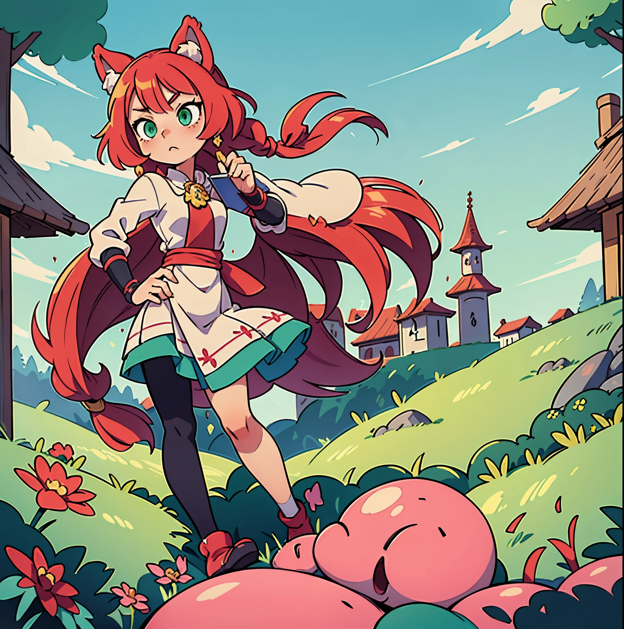((high quality, masterpiece)) Young woman, pink detailed hair hair, detailed emerald green eyes, wolf ears and fluffy tail, holding a book in his hands, genshin style clothing, piro eye poga on clothes, beautiful background, difficult angle, 3K, ultra detailedization, красивая anime илюстрация, full length, anime, mega detailization, illustration, 1 Young woman. flowers, long hair, full length, a high resolution, strong hair dilation
