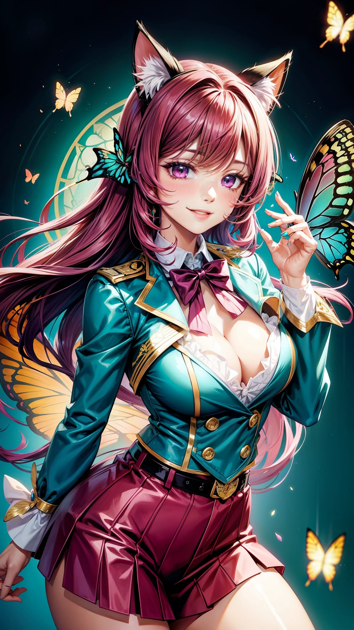 Magenta hair, brown eyes, older woman, hair bows, cat ears, long hair, smiling face, sexy outfit, butterflies, teal and gold outfit, butterfly background, uniform open chest top