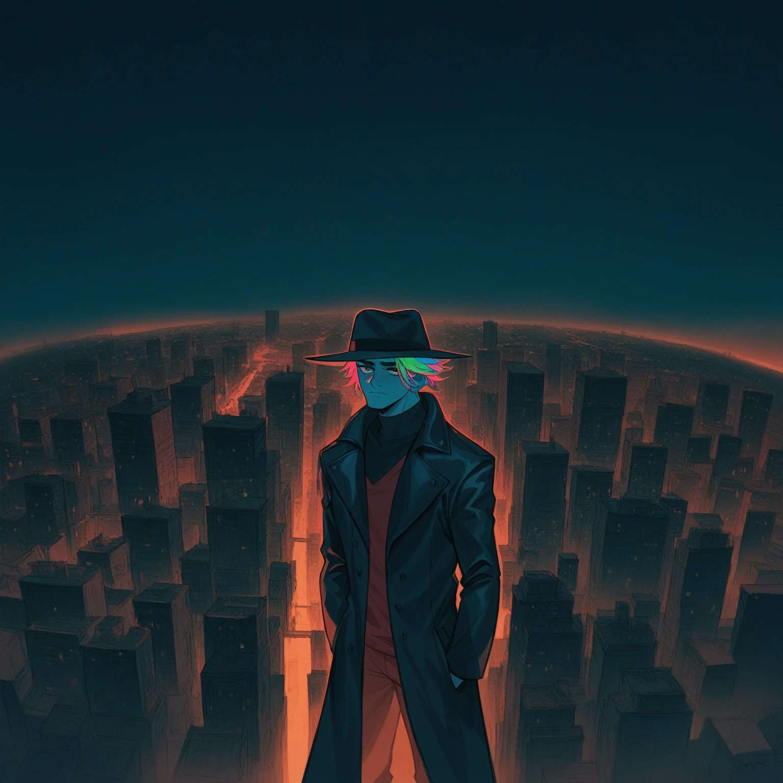  A dark and gritty cityscape at night. The skyscrapers seem to stretch up to the clouds, their peaks hidden in a thick layer of fog. In the foreground, a figure emerges from the shadows - Mephistopheles, dressed in a long, black leather duster coat with a wide-brimmed hat. His eyes glow with an otherworldly energy as he gazes out at the city, his presence seeming to draw the very light out of the air.  Style: Moody, high-contrast photography with deep shadows and neon highlights.
