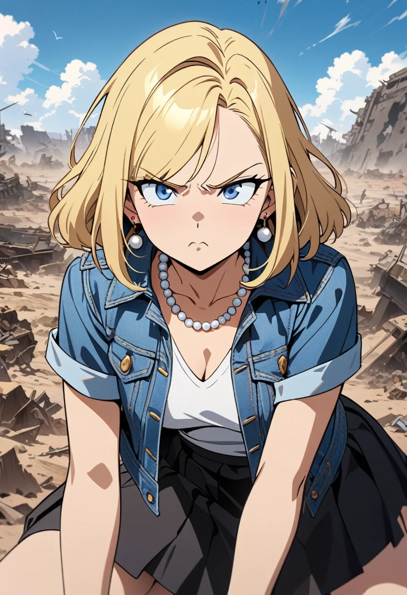 (Best quality, masterpieces,anime style,style of akira toriyama:1.1),1girl,solo,Mean Girl,blonde hair,short hair,centre parting bangs,blue eyes,Unfriendly eyes,Fierce expression,earrings,pearl necklace,White short-sleeved V-neck T-shirt with a blue denim crop jacket,Black JK Skirt, Over-the-Knee Socks,Wind, outdoors, wild wasteland,Blue sky,