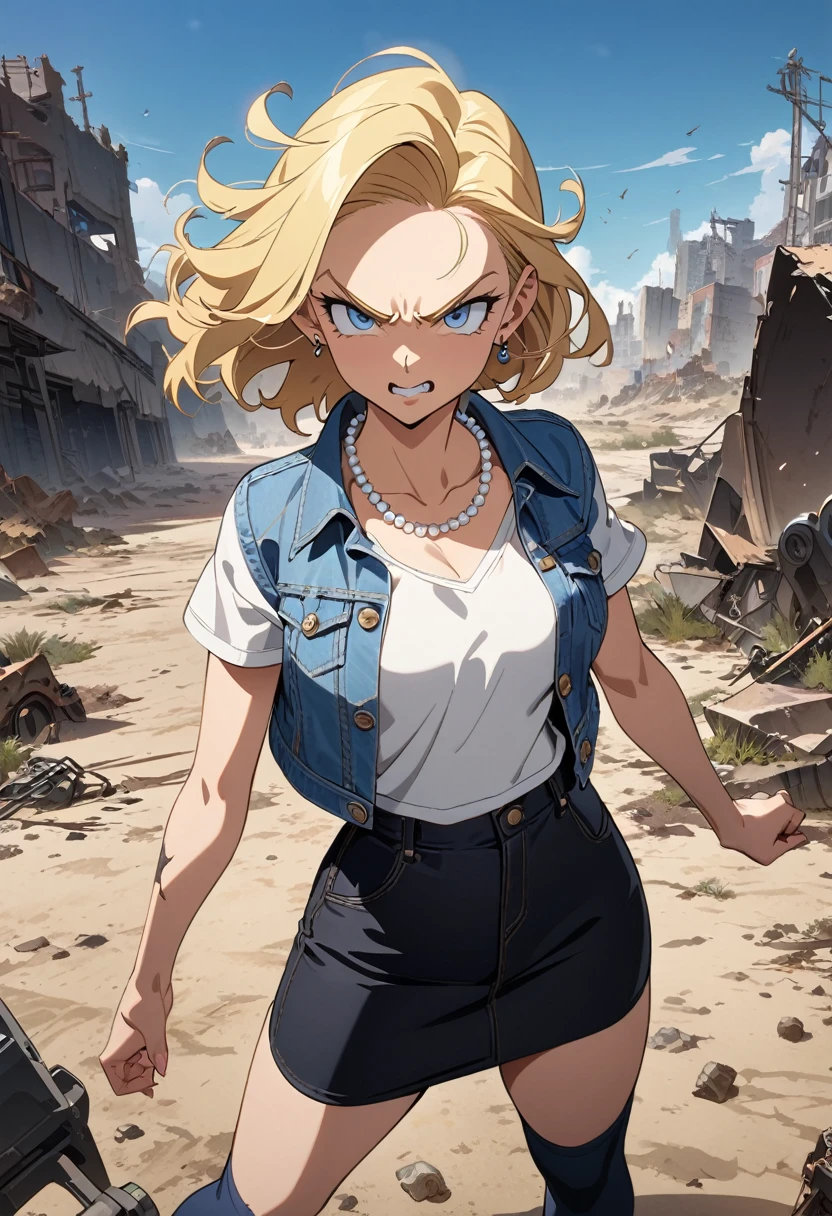 (Best quality, masterpieces,anime style,style of akira toriyama:1.1),1girl,solo,Mean Girl,blonde hair,short hair,centre parting bangs,blue eyes,Unfriendly eyes,Fierce expression,earrings,pearl necklace,White short-sleeved V-neck T-shirt with a blue denim crop jacket，Black JK Skirt, Over-the-Knee Socks,Wind, outdoors, wild wasteland,Blue sky,