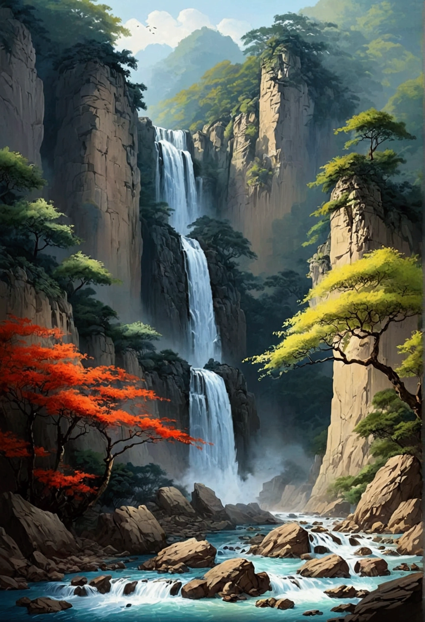 The famous Lushan Waterfall,Chinese landscape painting,Zhang Daqian style,Advanced color matching,ink and watercolor painting,water ink,ink,Soil,Vision,Ultra-wide viewing angle,meticulous,Low saturation,Low contrast,Beautifully depicted,Super detailed,Acura,masterpiece,masterpiece,32k resolution