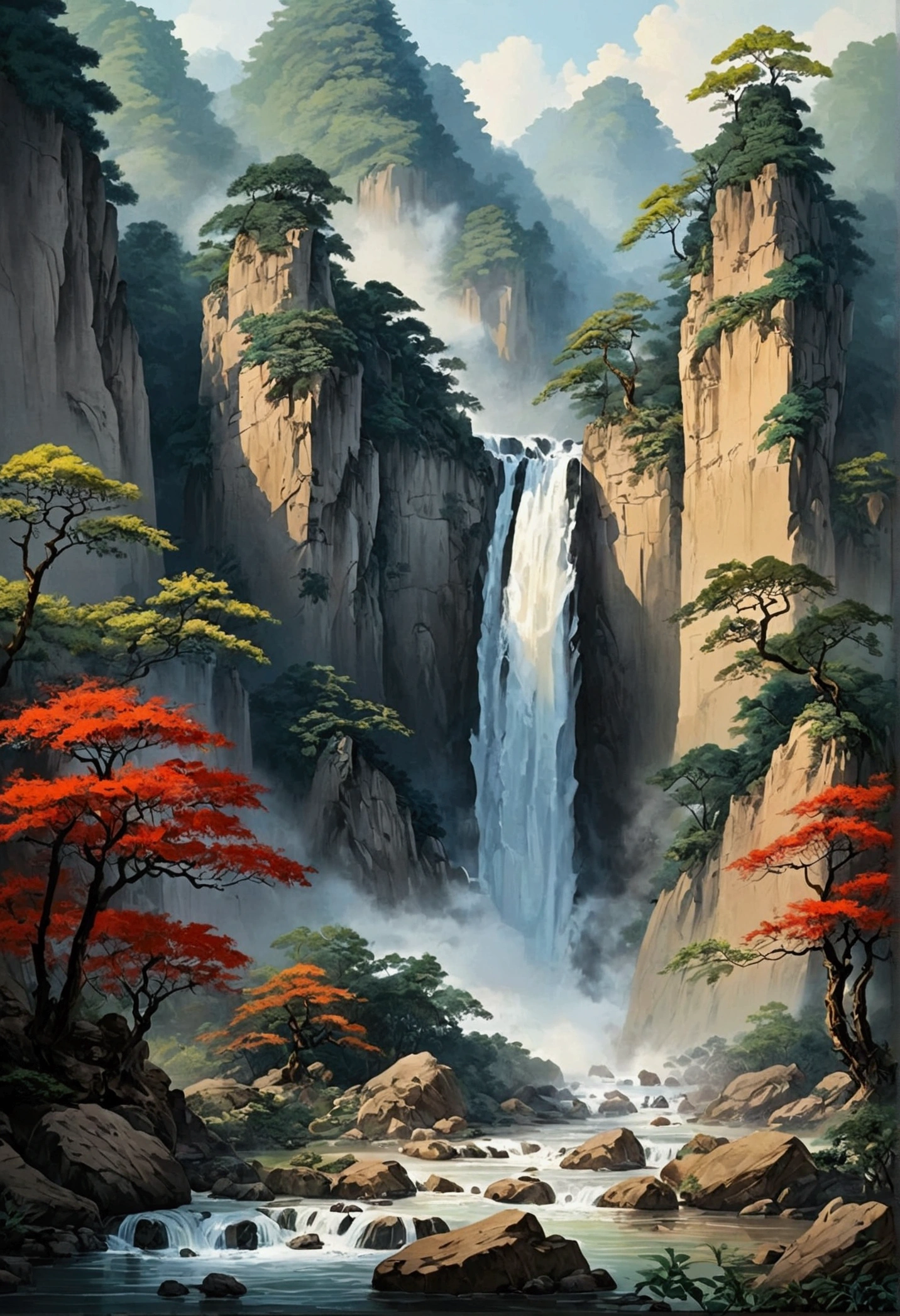 The famous Lushan Waterfall,Chinese landscape painting,Zhang Daqian style,Advanced color matching,ink and watercolor painting,water ink,ink,Soil,Vision,Ultra-wide viewing angle,meticulous,Low saturation,Low contrast,Beautifully depicted,Super detailed,Acura,masterpiece,masterpiece,32k resolution