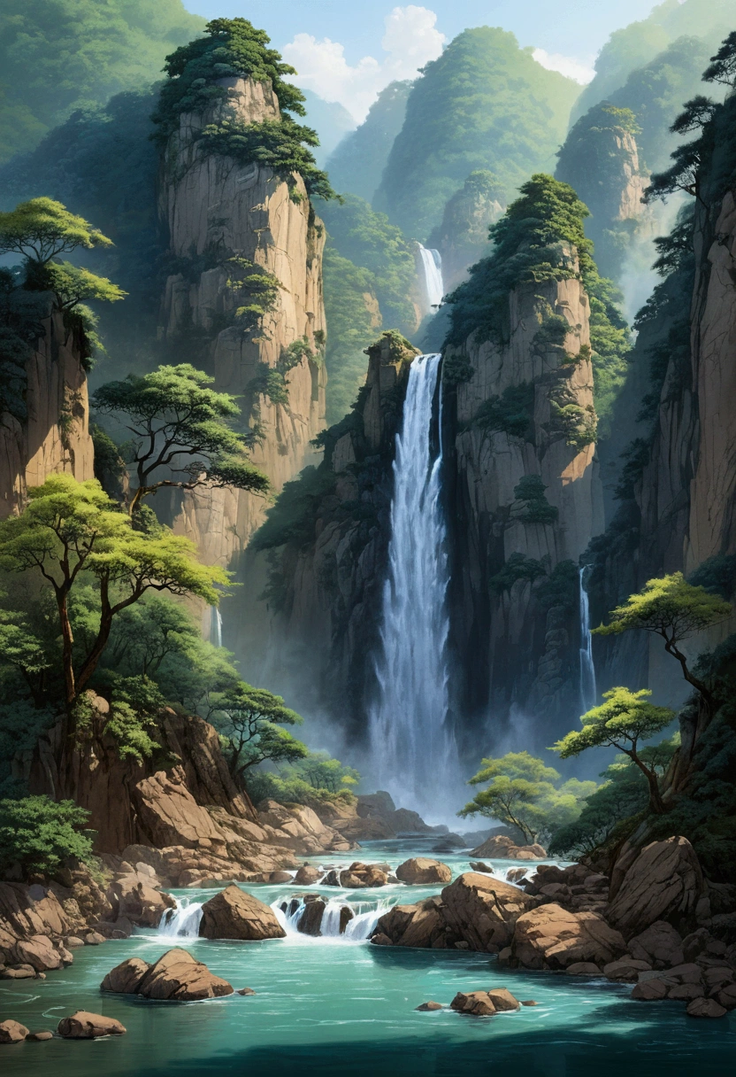 The famous Lushan Waterfall，Chinese landscape painting，Zhang Daqian style，Advanced color matching，ink and watercolor painting，water ink，ink，Soil，Vision，Ultra-wide viewing angle，meticulous，Low saturation，Low contrast，Beautifully depicted，Super detailed，Acura，masterpiece，masterpiece，32k resolution