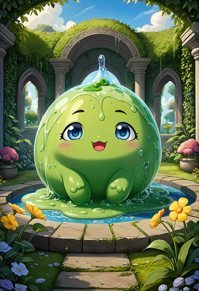 (cute Slime), cartoon style, fantasy art, garden, full body, award-winning, cinematic still, emotional, vignette, dynamic, vivid, (masterpiece, best quality, photorealistic, Professional, perfect composition, very aesthetic, absurdres, ultra-detailed, intricate details:1.3)​