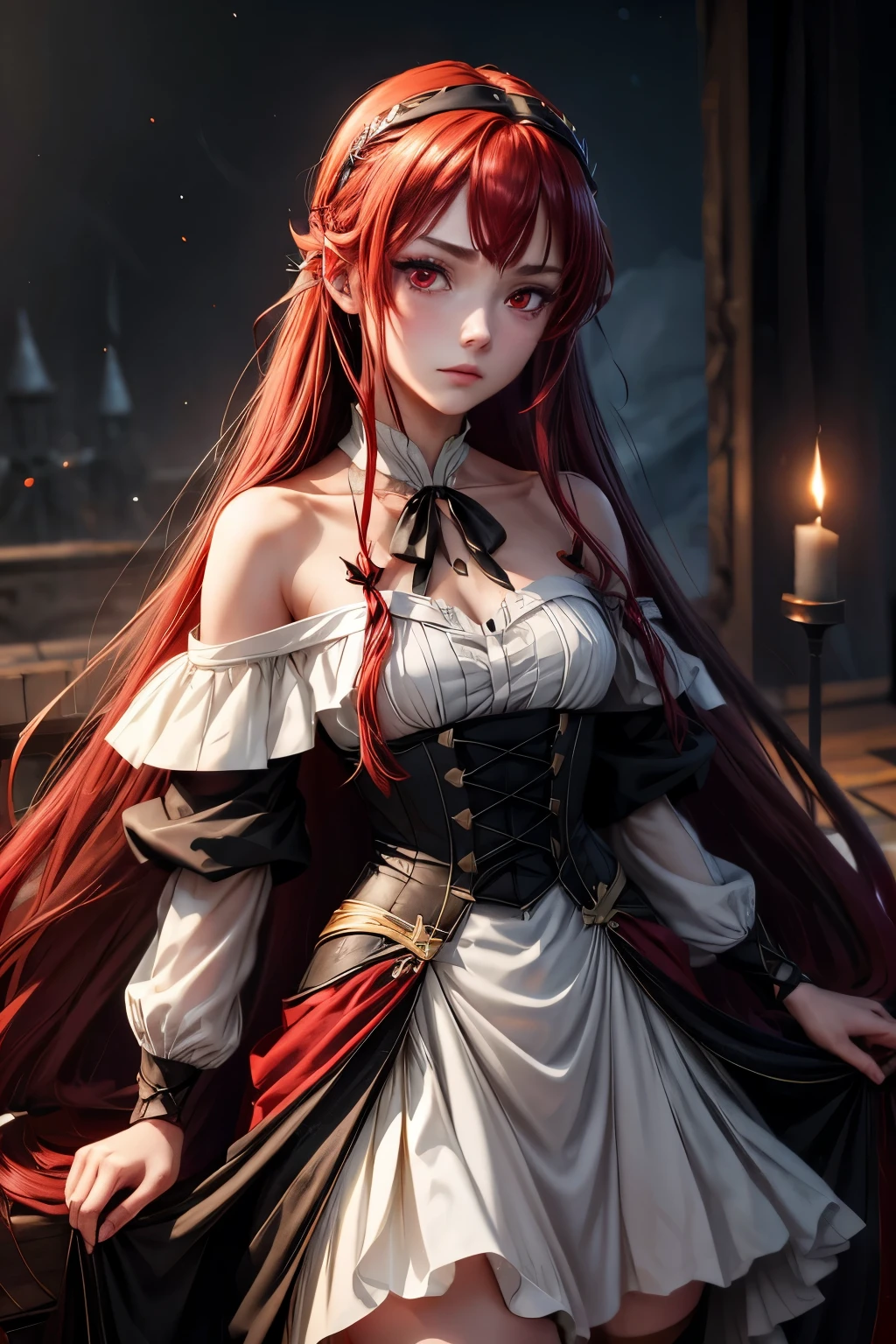 Eris boreas greyrat, long hair, red hair, red eyes, serious, faint smile, black hairband, white dress, bare shoulders, neck ribbon, black ribbon, dark brown skirt, long sleeves