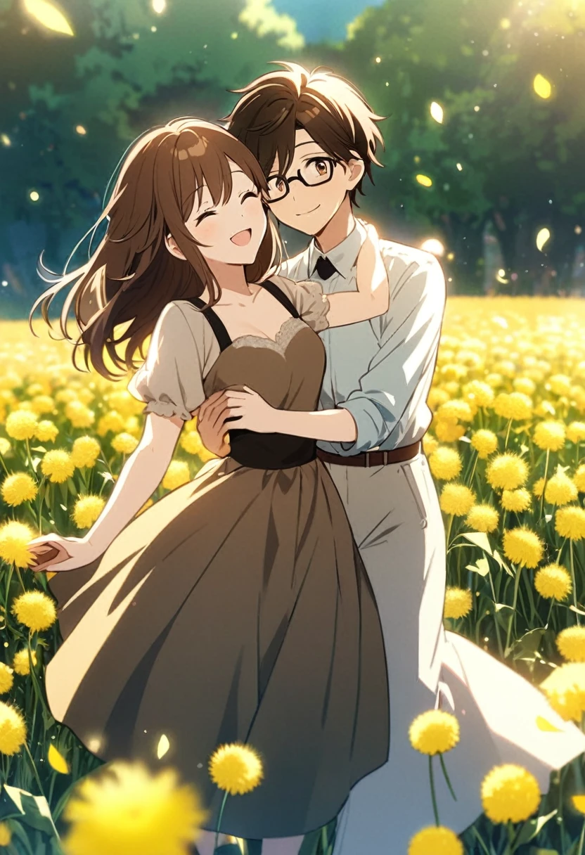 anime, two people, one beautiful female with long brown hair and no glasses, the other person is a male with short dark brown hair and black rimmed glasses, they are boyfriend and girlfriend, both smiling, dancing in a field of dandelions 