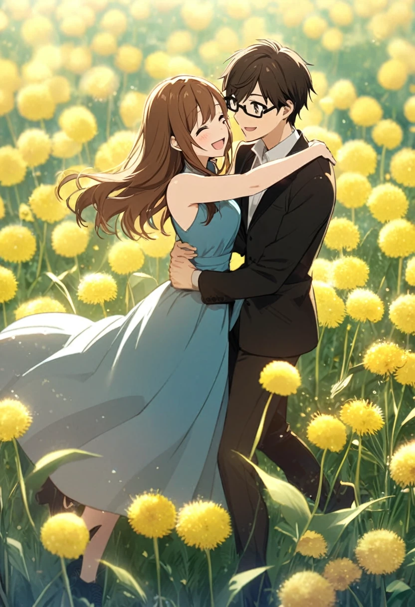 anime, two people, one beautiful female with long brown hair and no glasses, the other person is a male with short dark brown hair and black rimmed glasses, they are boyfriend and girlfriend, both smiling, dancing in a field of dandelions