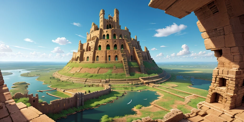 create 16:9 image in 8k of the Tower of Babel in ruins, realistic painting in the smallest details
