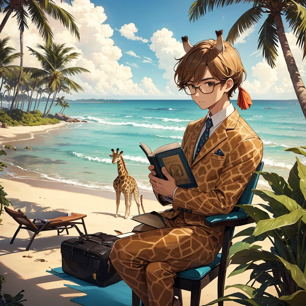 A giraffe in a retro suit sits on the seashore, holding a book in his hands, palm trees in the background
