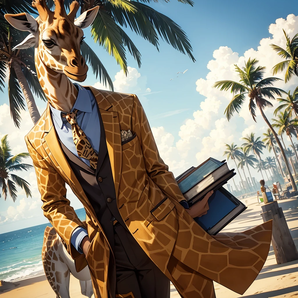 A giraffe in a retro suit sits on the seashore, holding a book in his hands, palm trees in the background