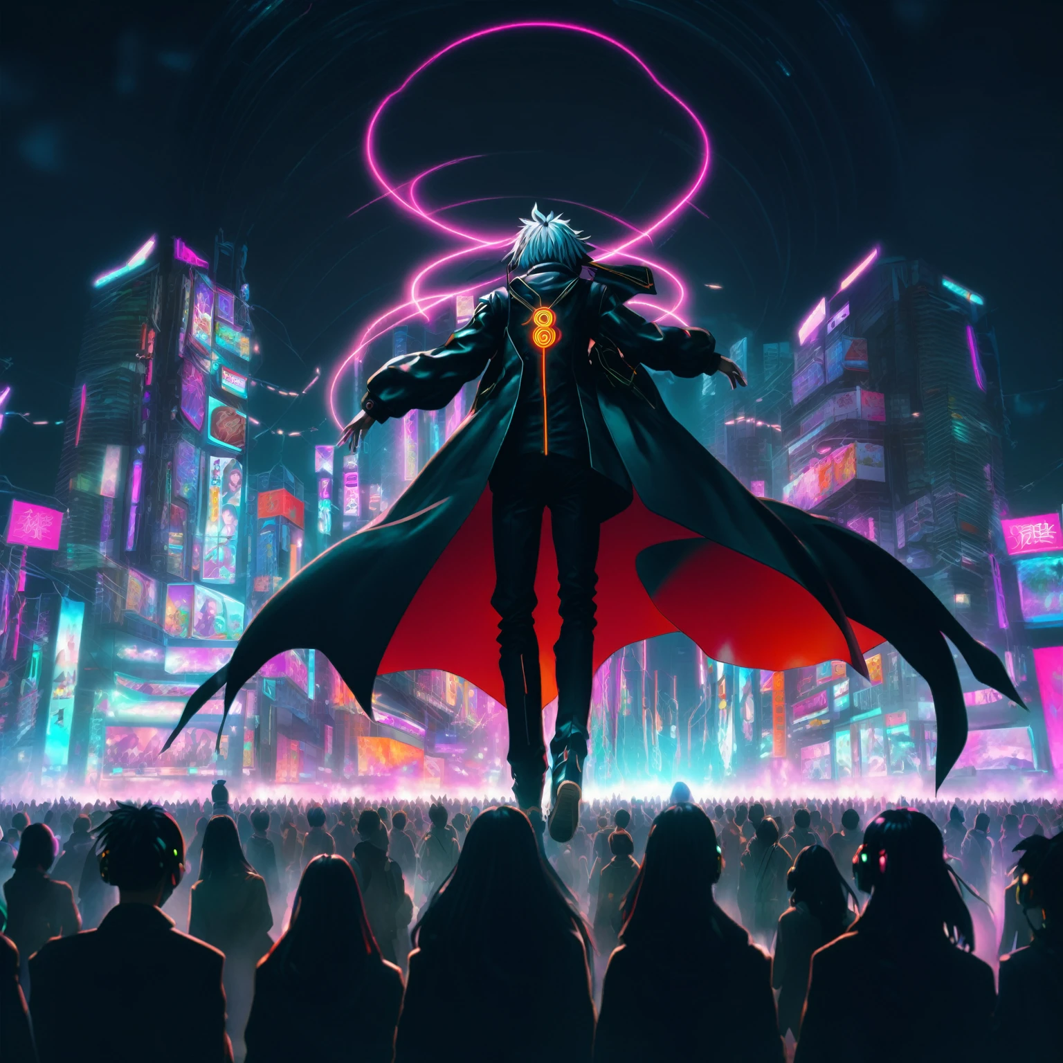 anime - style image of a man standing in front of a crowd of people, ufotable art style, best anime 4k konachan wallpaper, digital cyberpunk anime art, digital cyberpunk - anime art, anime cyberpunk art, modern cyberpunk anime, ufotable, cyberpunk anime art, anime epic artwork, badass anime 8 k, anime cyberpunk, in cyberpunk city