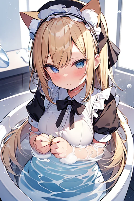 (Ultra high quality:1.6), (Highest quality:1.6), (Attention to detail:1.6), (Ultra-high resolution:1.6), (Detailed face:1.6), (Perfect Face:1,6), (Beautiful Eyes:1,6), (Detailed eyes:1.6), (Maid clothes, White apron, Headband, Black Dress, Blue ribbon, Maid clothes, Classic, Small breasts, Long:1.4), (白と黒のMaid clothes:1.6), (Blonde, Blue Eyes, Cat ear:1.5), cute, The best smile, Soaking wet, (Water droplets all over the body:1.4), (全身が白いBubbleまみれ:1.6), (Swimming in clothes, bathing, Longの浴槽:1.6), (relax, Relax in the bathtub:1.6), (Bubbleで溢れる浴槽:1.6), (Maid clothesのまま浴槽へ:1.5), 全身にBubble, (衣服にも白いBubble:1,5), (Soak in deep water:1.6), (Bubbleの深いお湯:1.6), (Wash your body with your clothes on:1,4), Bubbleを纏う, (shampoo, Body Soap:1.3), Bubble, 肩までBubble, Bubbleまみれのメイド, 