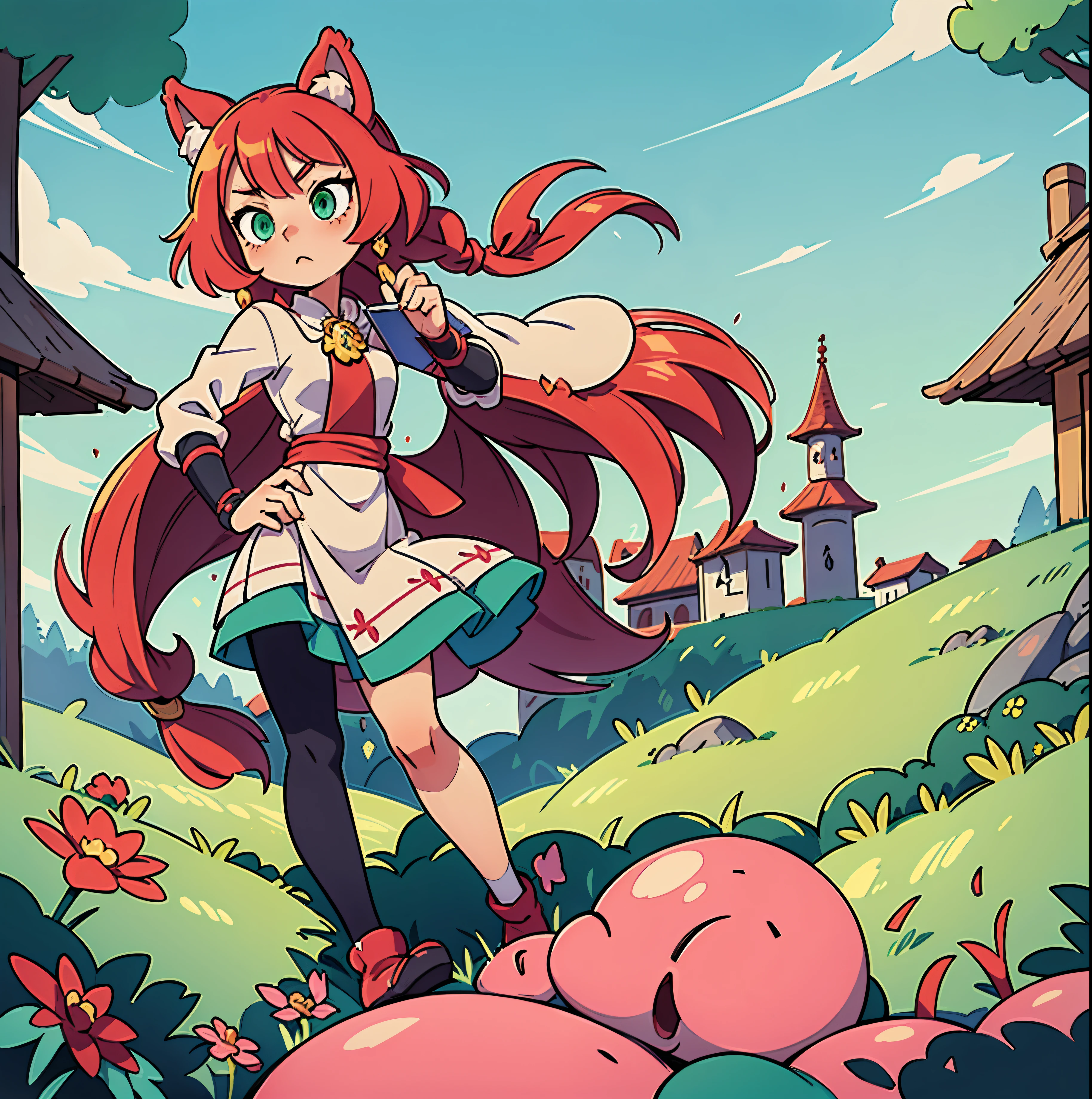 ((high quality, masterpiece)) Young woman, pink detailed hair hair, detailed emerald green eyes, wolf ears and fluffy tail, holding a book in his hands, genshin style clothing, piro eye poga on clothes, beautiful background, difficult angle, 3K, ultra detailedization, красивая anime илюстрация, full length, anime, mega detailization, illustration, 1 Young woman. flowers, long hair, full length, a high resolution, strong hair dilation
