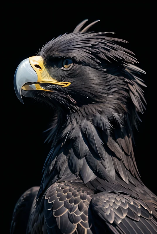 A black eagle facing a logo