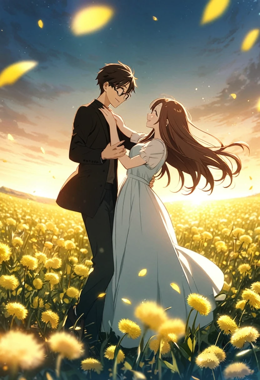 anime, two people, one beautiful female with long brown hair and no glasses, the other person is a male with short dark brown hair and black rimmed glasses, they are boyfriend and girlfriend, both smiling, dancing in a field of dandelions 