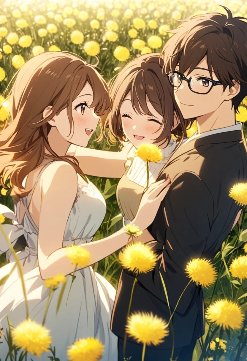 anime, two people, one beautiful female with long brown hair and no glasses, the other person is a male with short dark brown hair and black rimmed glasses, they are boyfriend and girlfriend, both smiling, dancing in a field of dandelions 